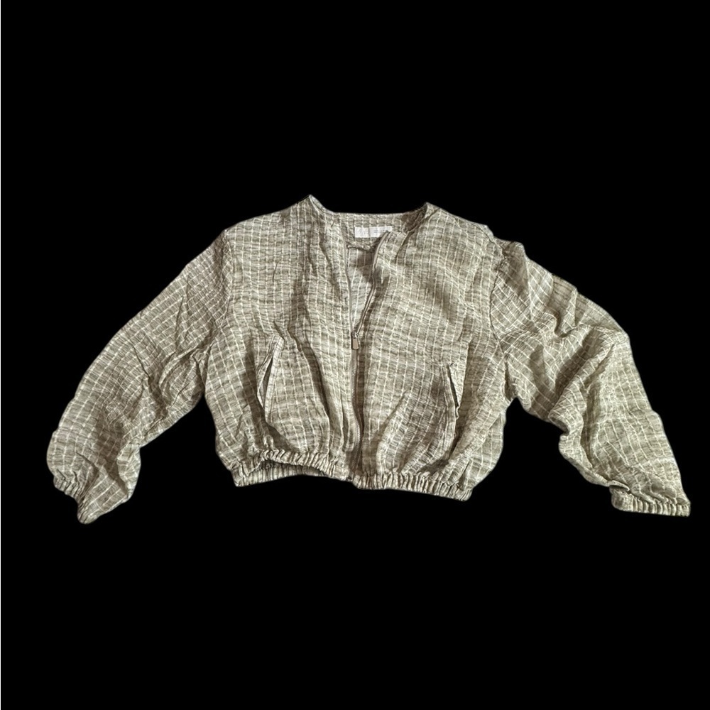 ZARA Cropped Textured Lightweight Bomber Jacket Cream/Sage mix - Picture 1 of 5